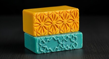 Artisan Handmade Soap Bars, Stacked Teal and Yellow,  Intricate Design, Luxurious Bath Products, Decorative Soaps,  Natural Beauty, Eco-Friendly,  Organic,  Sustainable, Wellness