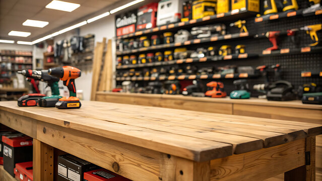 Shop for selling electric tools. Drills, screwdrivers, electric saws, grinder. Defocused, blurred image. 
In the foreground is the top of a wooden table, counter. with copy space image. - Powered by Adobe