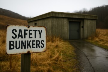 Weathered sign indicates Safety Bunkers near concrete structure in an outdoor autumn landscape setting with overcast sky