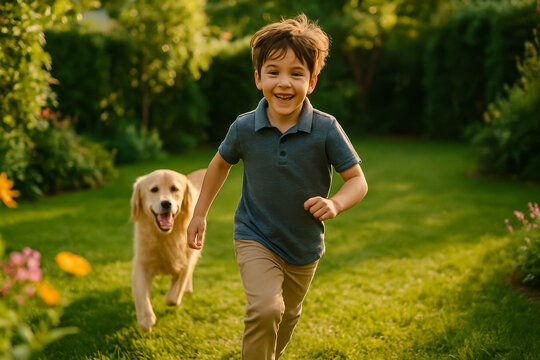 Happy boy running with golden retriever in the garden - Powered by Adobe