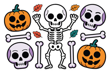 Cartoon Halloween Layout Skeletons, Skulls, Pumpkins, Bones, and Autumn Leaves for Fun Fall Decoration