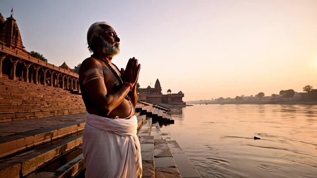 Elderly Indian Man in Traditional Attire Prays by the Sacred River at Sunrise