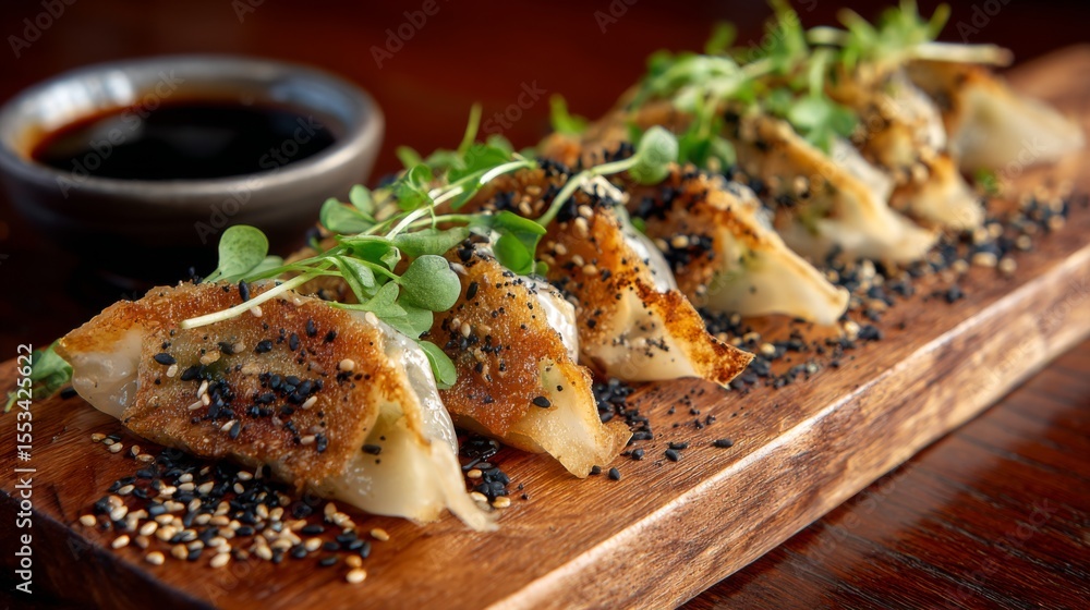Aufkleber An artistic shot of gyoza garnished with sesame seeds and served on a wooden board, creating a colorful and appetizing presentation that celebrates this favorite dish.