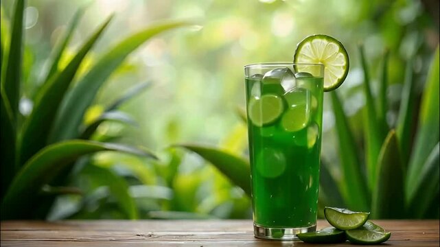 Aloe vera lemon drink beverage in a glass with a tropical summer refresher, aloe vera background, and blank copy space for text or branding.