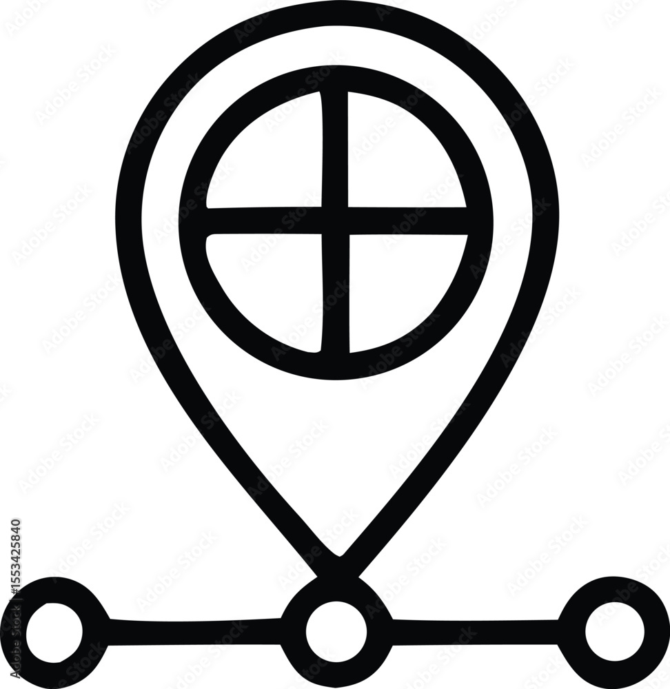 Poster stylized map pin icon with a crosshair inside and connected to a path with three circular waypoints