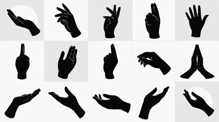 Collection of Silhouette Hand Poses on a Light Grey Background, Showing Open, Praying, and Pointing Hands