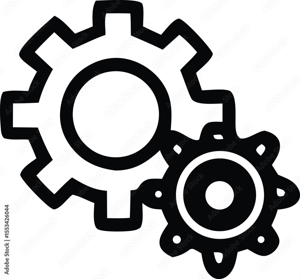Poster two interlocking black gears one large and one small symbolizing mechanics engineering and teamwork 