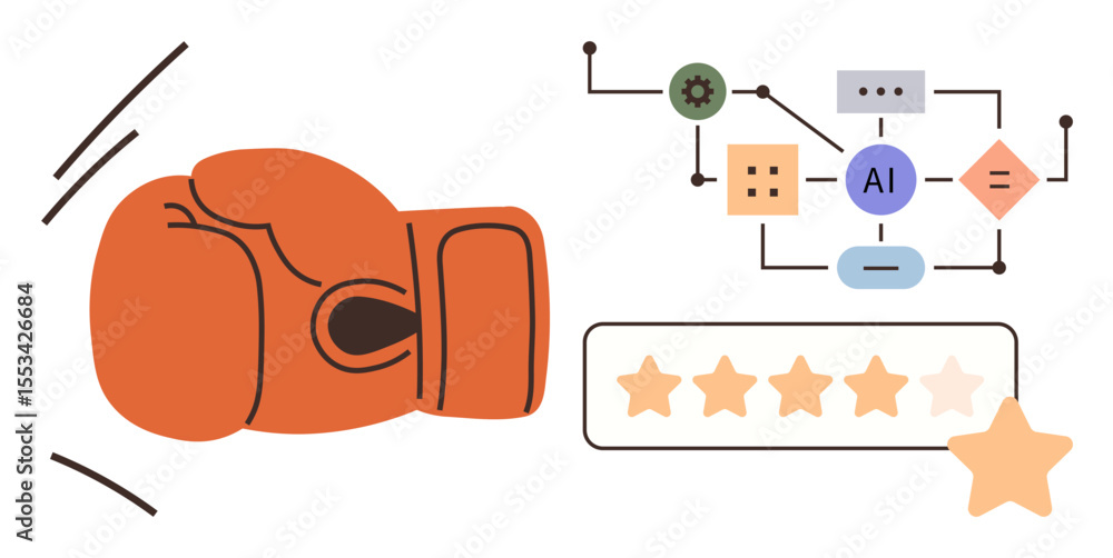 Poster boxing glove facing neural network ai design with five-star rating bar and linked nodes. ideal for t