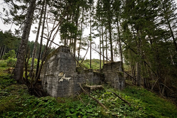 Remains of the Austro-Hungarian cableway station of the Great War for Cima Vezzena. Levico Terme, Trentino, Italy.
