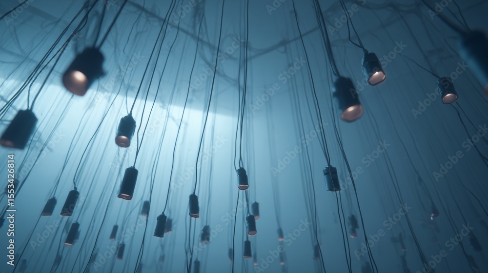 Poster An artistic view of multiple  hanging from a ceiling in a studio or venue, with their sleek shapes and cables creating a visually interesting pattern.