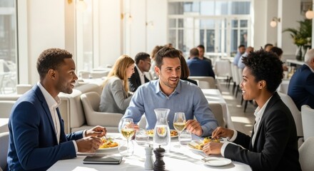 Diverse Business Colleagues Enjoying Lunch Meeting at Upscale Restaurant