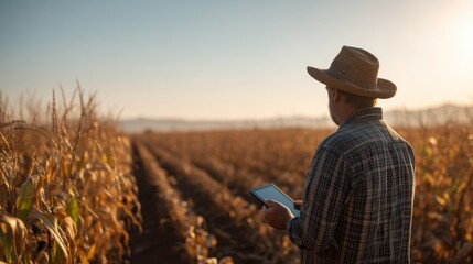 Farmer using digital tablet to monitor cornfield at sunset