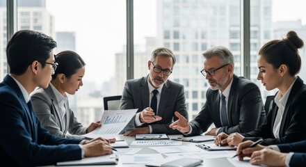 Diverse Business Team Analyzing Financial Data and Charts in Modern Office
