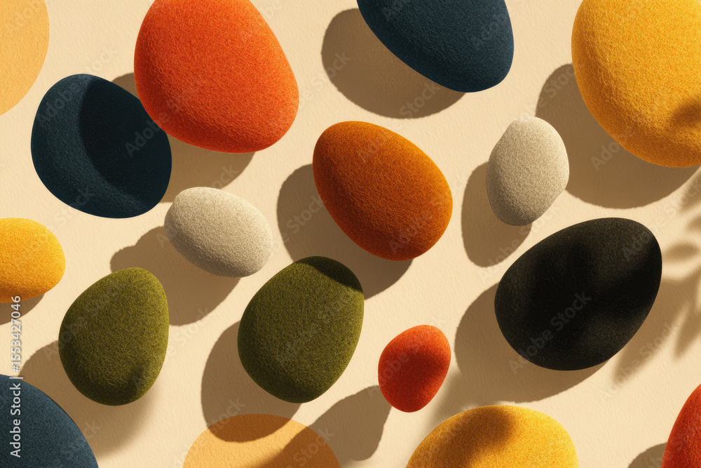 Aufkleber colorful felt shapes scattered on pale paper, organized in playful pattern with soft shadows, creati