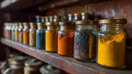 An elegant display of turmeric, black pepper, and other spices in small glass jars on a wooden shelf, showcasing their colors and textures in a kitchen setting