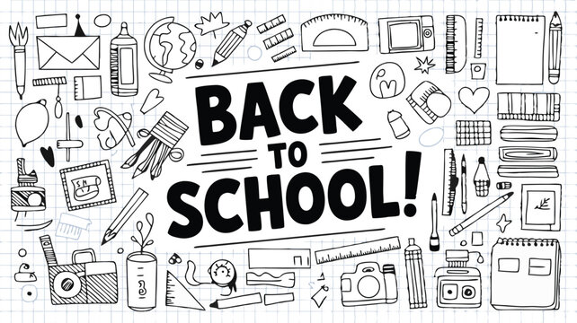 HandDrawn Back to School Doodle Featuring School Supplies on a Grid Paper Background