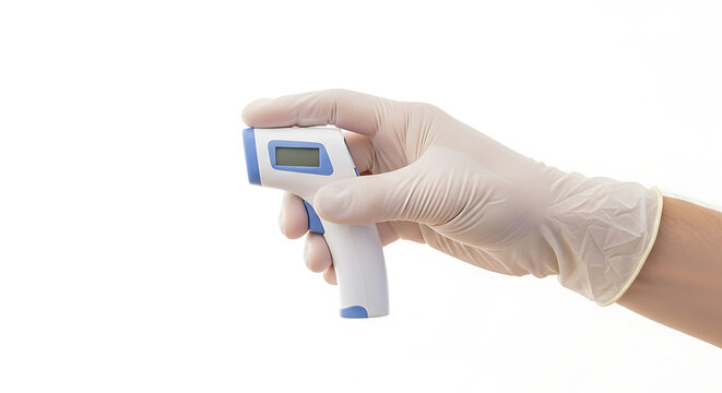 Close-up of a hand wearing medical glove holding a non-contact thermometer.