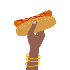 Female hand with gold bracelets and French manicure hold Hot Dog with mustard and ketchup. Fast Food