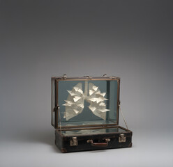 Breathing freedom: origami lungs in a suitcase. Surreal conceptual image of a vintage suitcase with transparent walls, displaying a delicate paper sculpture of human lungs made from origami birds/
