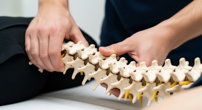Close-up of Physiotherapist's Hands Examining Spinal Model