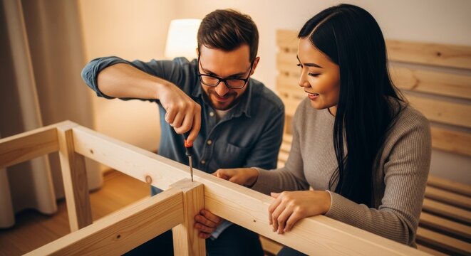 Young Couple Assembling Wooden Furniture Together at Home - Powered by Adobe
