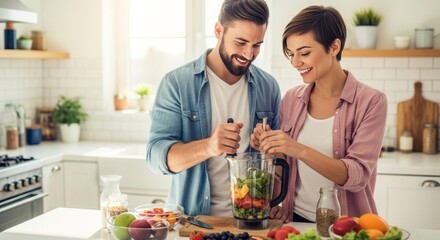 Happy Couple Preparing a Healthy Smoothie Together in a Bright Kitchen