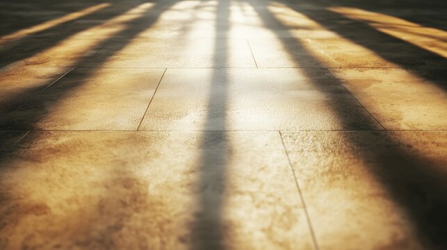 Light and Shadow Play on Stone Floor: Sunbeams stream through unseen apertures, casting dramatic parallel shadows across a textured stone floor, creating a captivating interplay of light and shadow.