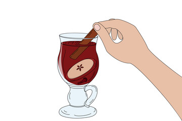 Hand drawn Person hand dips cinnamon stick into a glass cup of mulled wine and spices Pop art Design