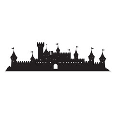 Fototapeta premium Majestic medieval castle with tall towers and flags against a white background silhouette