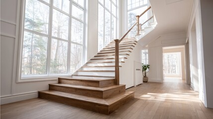 Obraz premium An elegant staircase in a minimalist home, showcasing wooden steps and a simple railing, leading to a bright upper level with large windows and natural light.