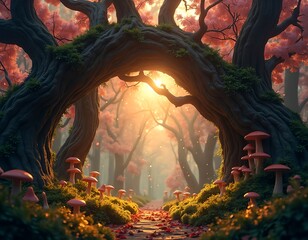 Fototapeta premium A Magical Pathway Through a Vibrant Grove with Lush Trees and Colorful Mushrooms, Illuminated by Golden Light, Invites Adventure and Imagination.