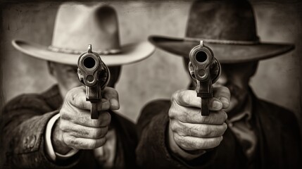 old worn vintage sepia toned polaroid photo of cowboy outlaw gunslinger pointing revolver at camera