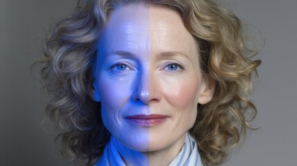 Fototapeta premium Conceptual portrait of woman highlighting aging and skincare with split color lighting,UV Safety Month