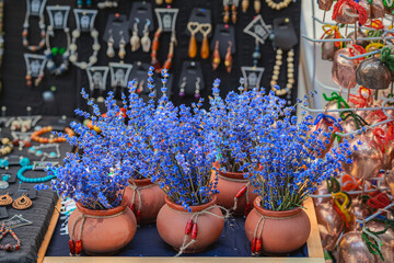 Lavender Festival, Bulgaria. Bunches of dried lavender in clay pots surrounded by handmade jewelry at craft market. Concept of lavender decor, folk tradition, artisan design, rustic handmade lifestyle