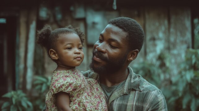 Father and daughter sharing a heartfelt moment outdoors in a rustic setting