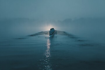 Rowing team on a misty lake at dawn, creating a beautiful silhouette.