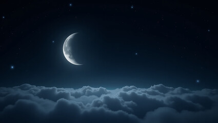 A stunning view of the dark night sky, decorated with a luminous crescent moon and sparkling stars. Thick clouds hug the horizon, creating a celestial landscape that is peaceful and full of mystery.