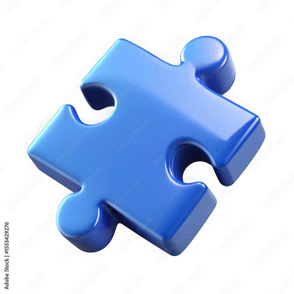 Poster a single glossy blue puzzle piece with a smooth finish and rounded edges isolated on a transparent b