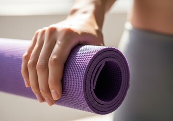 A hand firmly holds a rolled-up purple yoga mat, ready for exercise or meditation, emphasizing health and wellness.