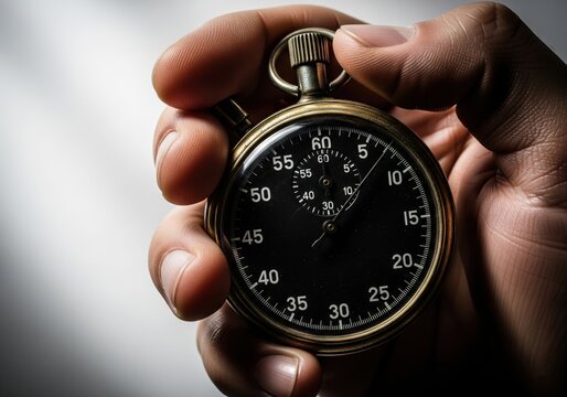A hand firmly grips a vintage brass stopwatch with a black face, symbolizing time, measurement, and precision.