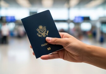 A hand presents a blue passport against a blurred airport background, symbolizing travel and international identity.
