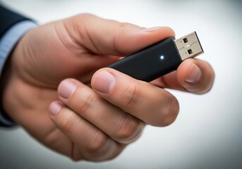 A hand holds a sleek black USB drive with a blue indicator light, symbolizing data and technology.