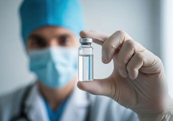 A gloved hand holds a clear vial of liquid, with a blurred doctor in the background, symbolizing medicine and research.