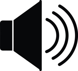 Black speaker icon with three sound waves is isolated over a white background