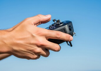 A hand operates a black drone remote controller against a clear blue sky, symbolizing modern technology and hobby.