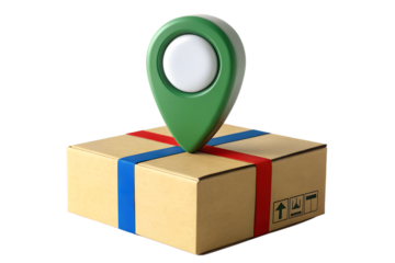 Green location pin marker on cardboard delivery box with red and blue straps isolated on transparent background