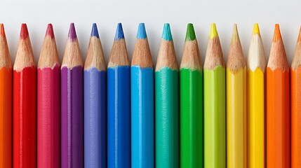 A vibrant row of sharpened colored pencils arranged in a spectrum of colors on a white background