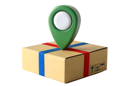 Green location pin marker on cardboard delivery box with red and blue straps isolated on transparent background