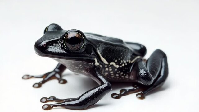 A close-up shot of a frog sitting on a white surface, looking directly at the camera