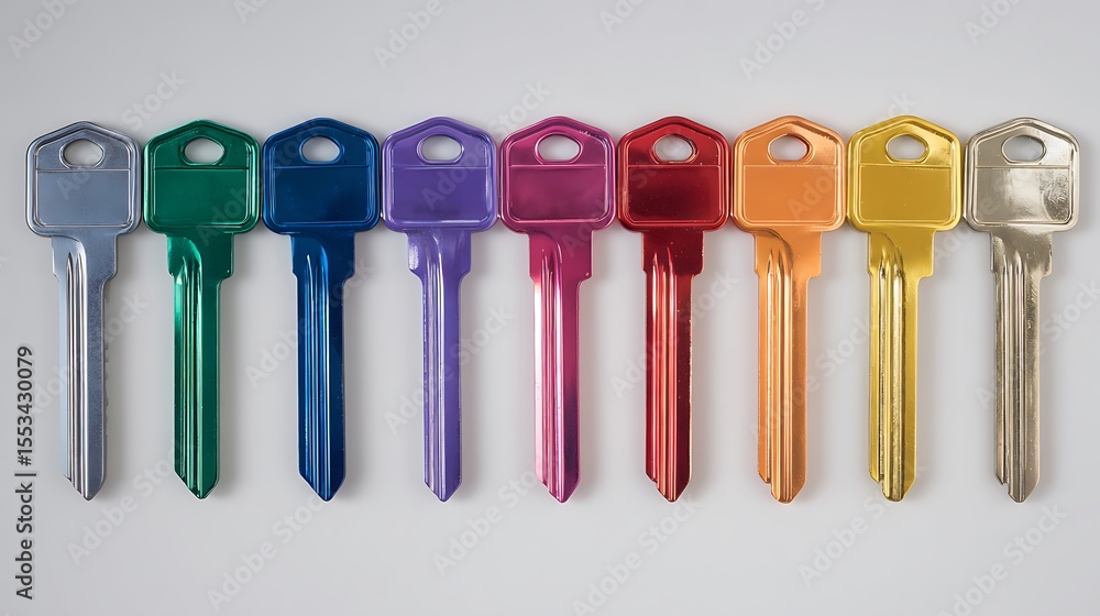 Poster a colorful collection of shiny metallic keys arranged in a row on a white background